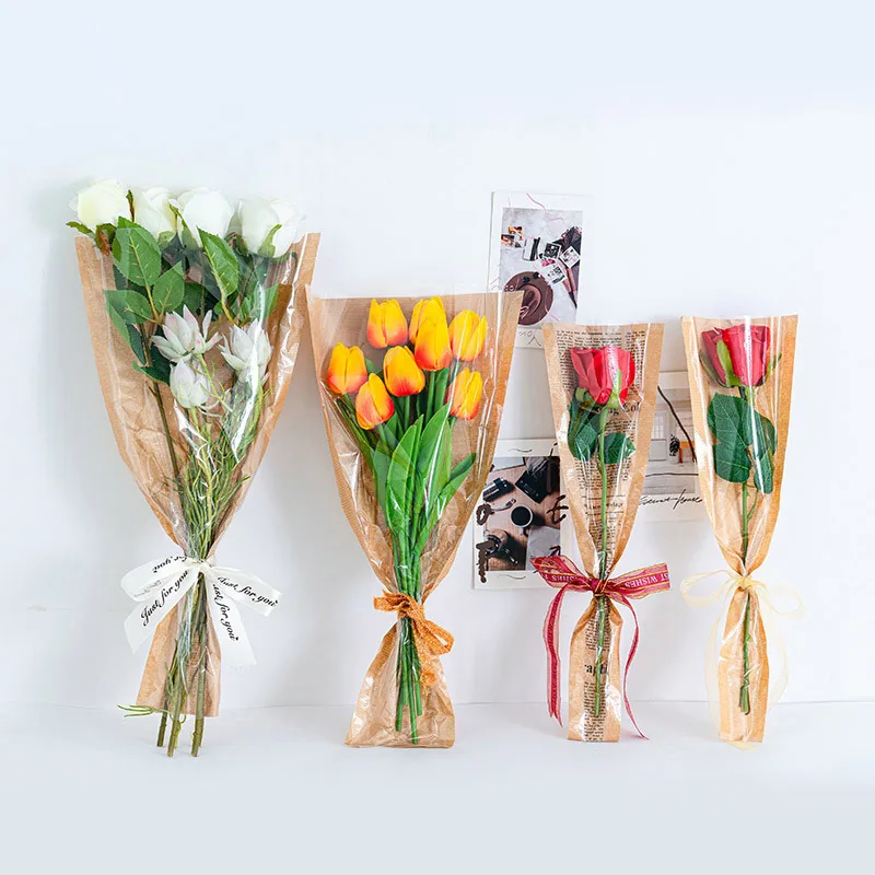 

50 шт. цветочный магазин, цветочная упаковка, тюльпан, Роза, Цветочный пакет, крафт-бумага, пластиковый пакет, упаковка букета свадебный подарочный пакет