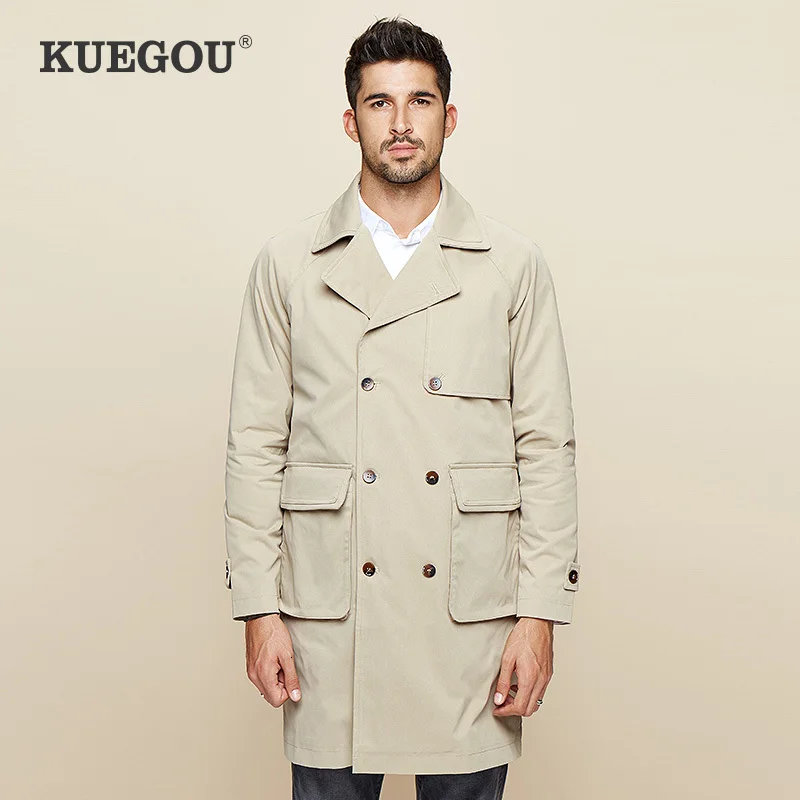 KUEGOU 2019 Осенний Тренч цвета хаки мужская длинная куртка ветровка уличная одежда