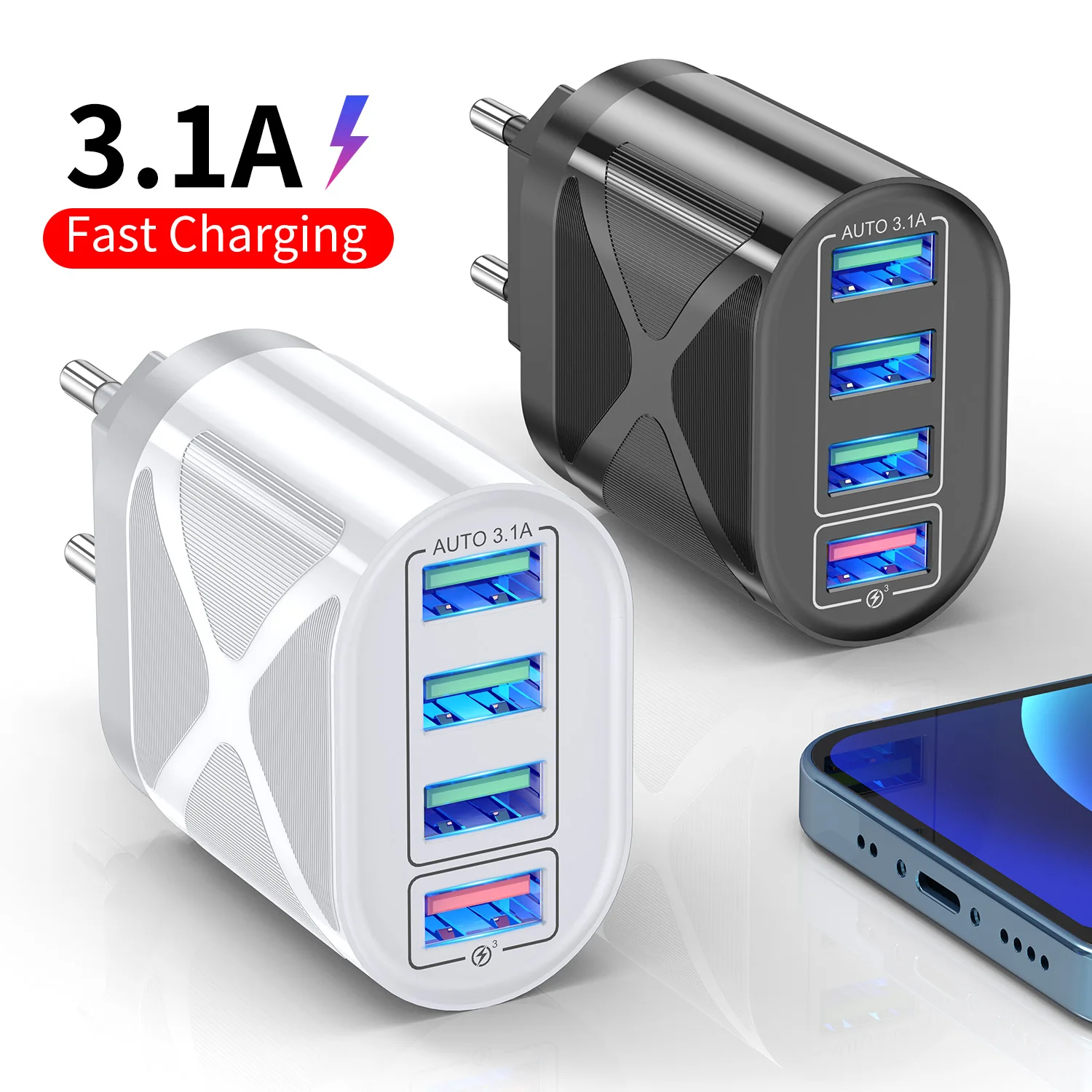 

USLION 4 Port 48W USB Charger 3A Quik Charge 3.0 Mobile Phone Charger Fast Wall Chargers For iPhone 12 Pro Max Xiaomi EU/US/UK