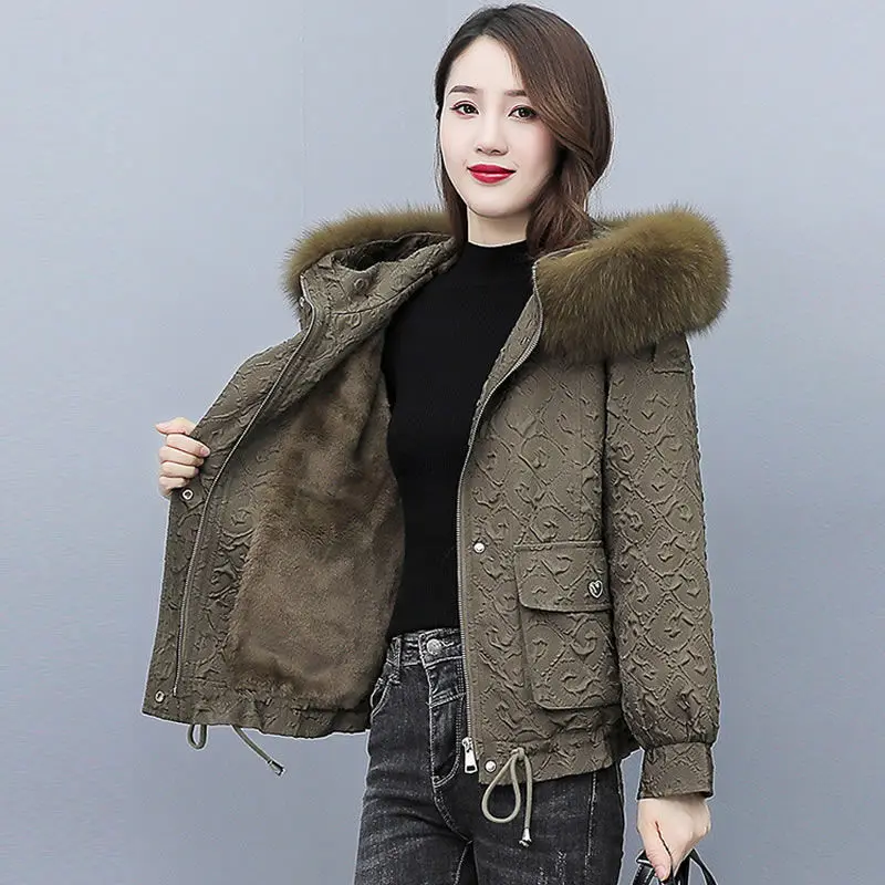 

Fashion Design Winter Short Jacket Parker Coat Thicken Add Velvet Padded Warm Women's Coats Female Printed Tooling Outerwear