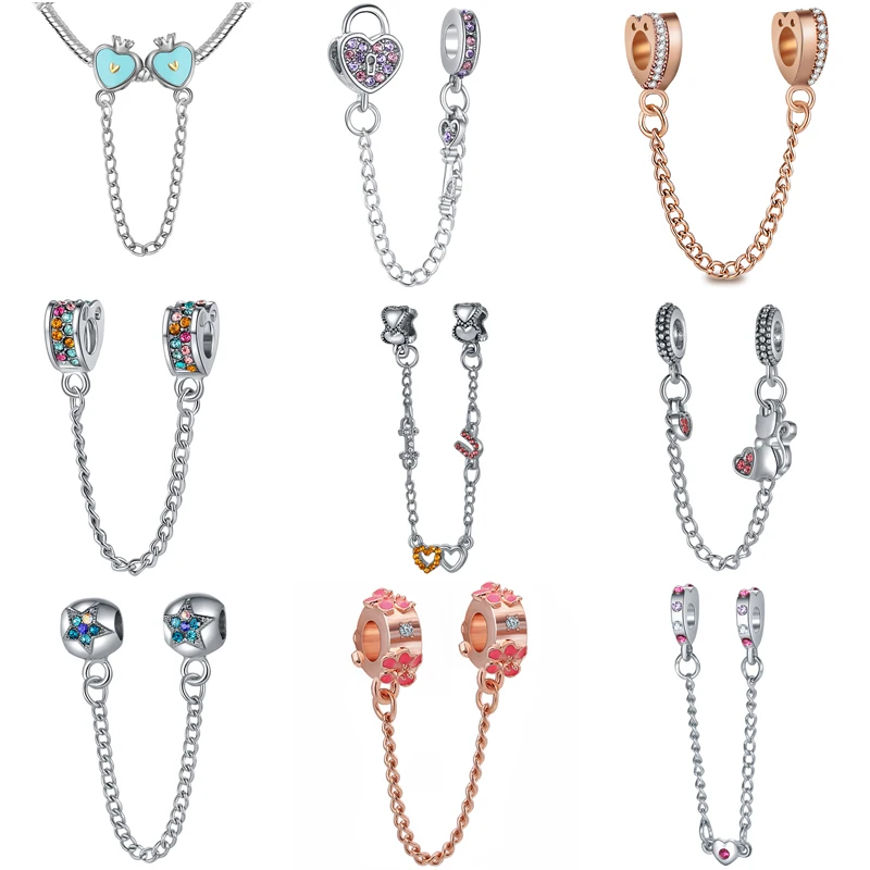 

Fashion Zinc Alloy Crystal Love Heart Safety Chain Bead Fit Original Pandora Charm Bracelet Pendant DIY Jewelry