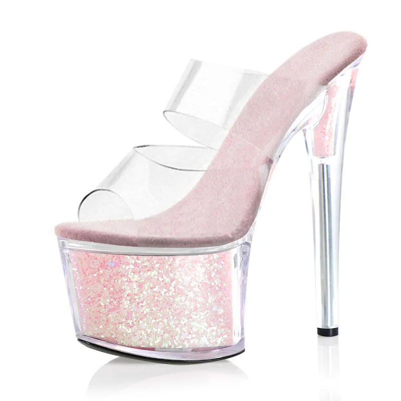 

Mclubgirl 17CM Super High Heel Slippers Stiletto Catwalk Women's Shoes Sexy Nightclub Transparent Stiletto Crystal Sandals LYP