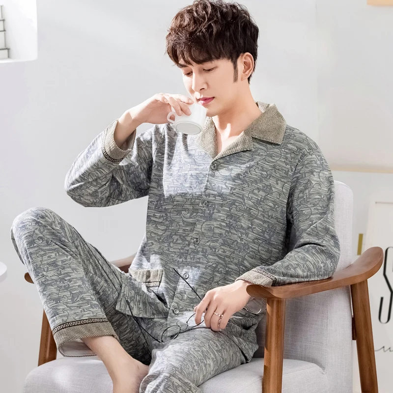 Bedroom Cotton Sleepwear Fashion Casual Loose Thin Long Sleeve Autumn Comfy Set Sleepwear Szata Zestawy Men's Sleep DB60SY