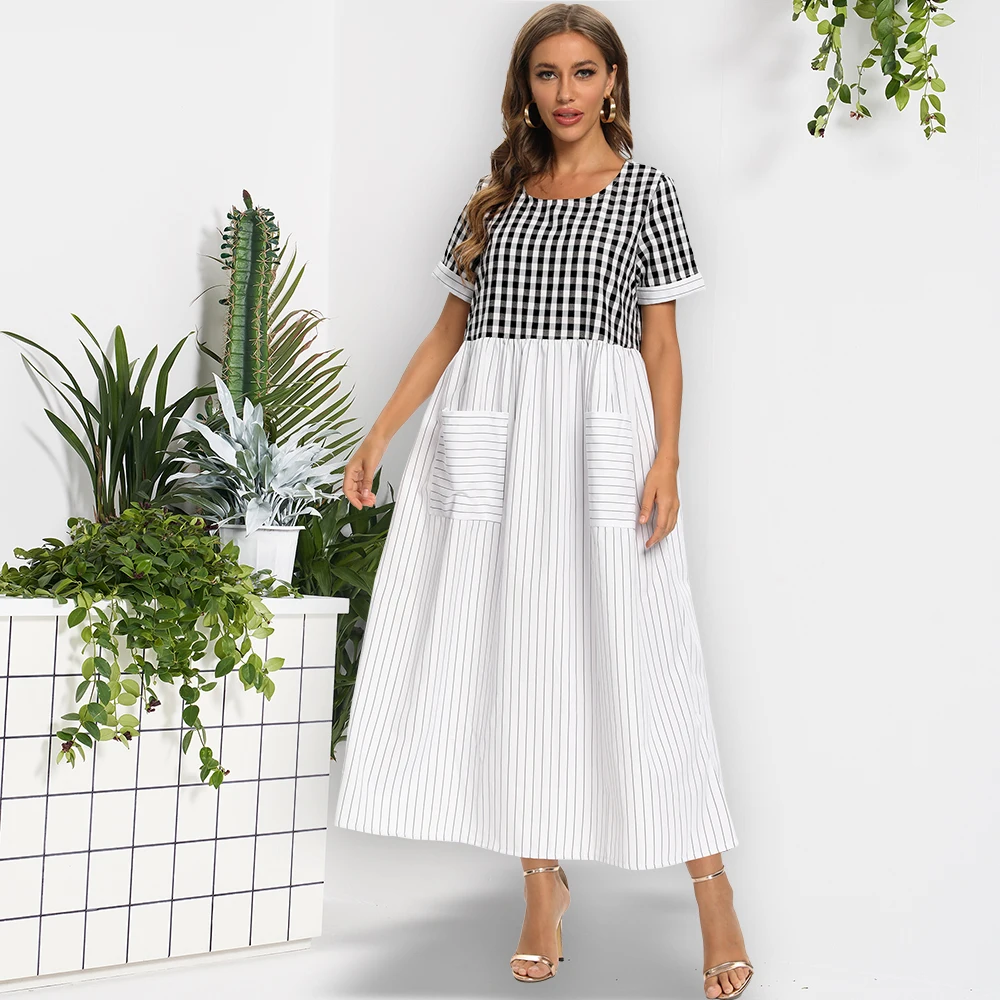 

Fridayin 2021 Summer and Spring Patchwork O-Neck Dress Plaid Stripe Cotton Long Sleeve Vestidos