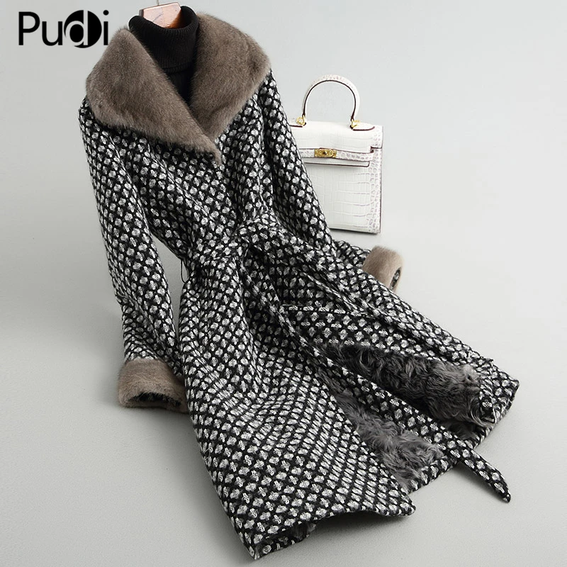 

Women Real Fur Coat Jacket Winter Warm Wool Blends With Sheep Fur Lining Mink Fur Collar Female Overcoats A38222