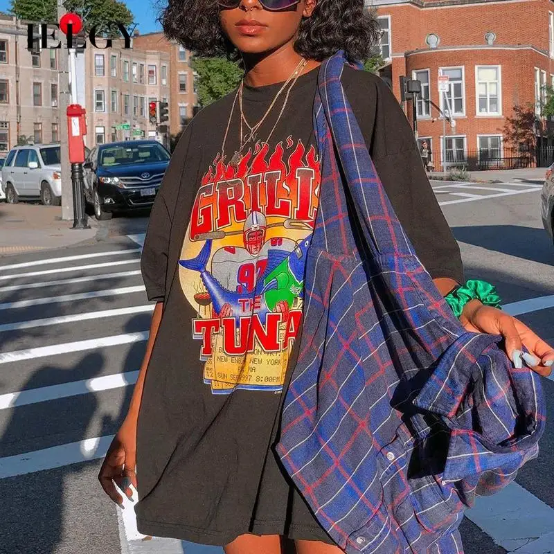 

IELGY cotton short-sleeved women street retro loose T-shirt ins trend