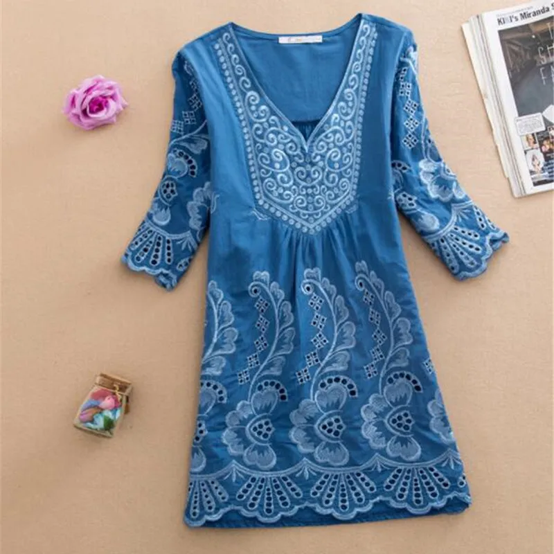 

Summer New Cotton Embroidered Shirt Women's National Style Shirt Loose Plus size 4XL Casual Female Tops Women's clothing J335