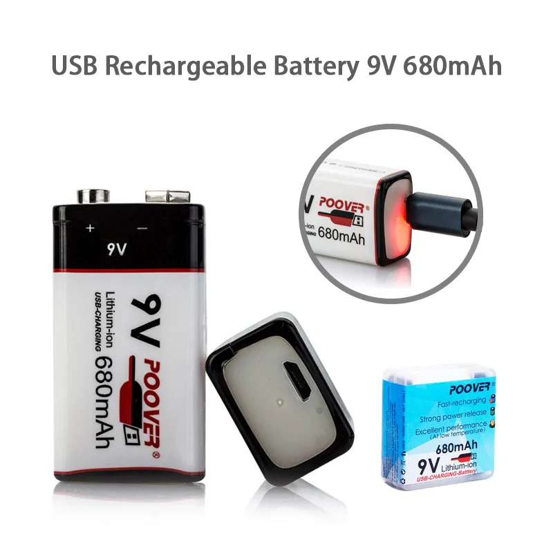 

9V 680mAh Rechargeable Battery USB Charging Li-ion Lithium 9volt Block 6f22 for Smoke Alarm Radio Metal Detector