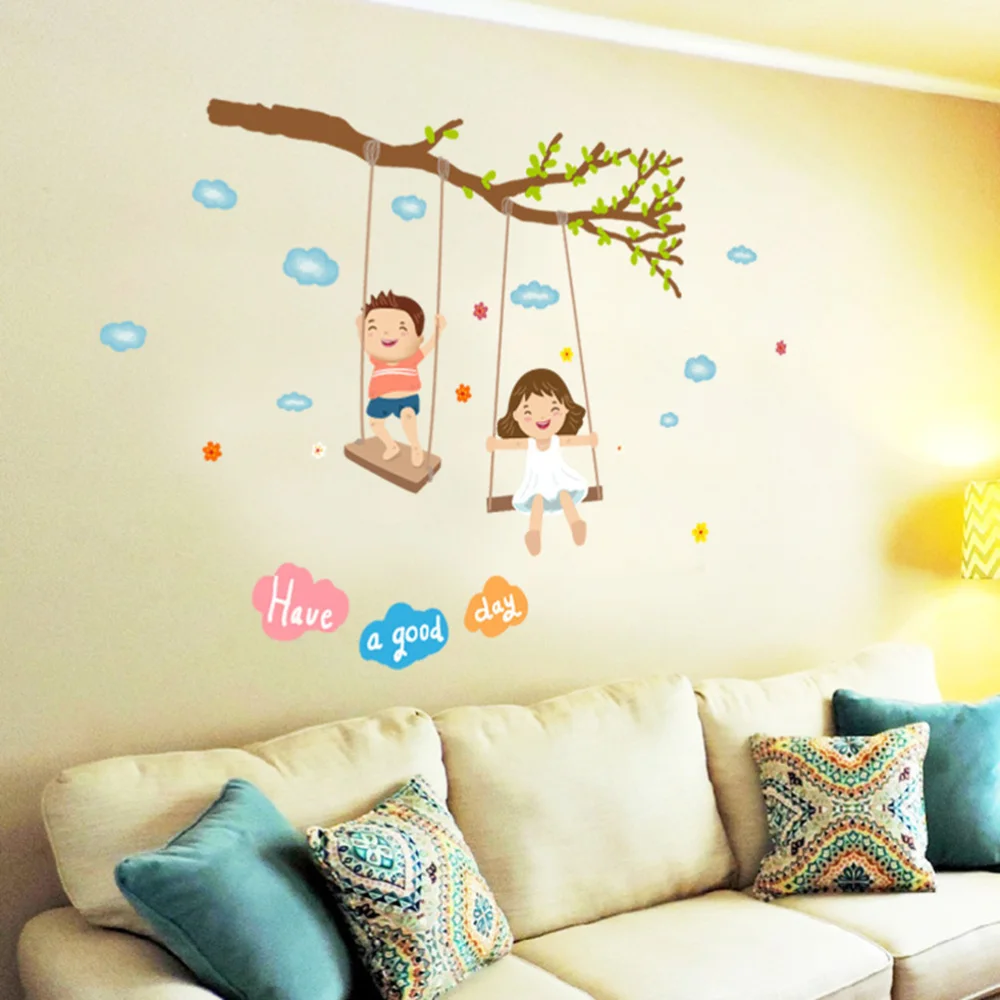 

Cartoon Boy Girl Play On A Swing Wall Stickers Kids Living Room Nursery Home Decor School Kindergarten Decor