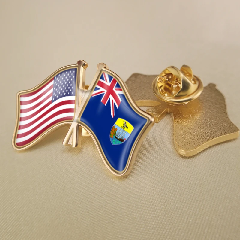 

United States and St Helena Crossed Double Friendship Flags Lapel Pins Brooch Badges