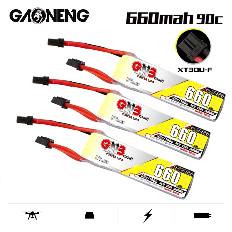 

Аккумулятор Gaoneng GNB Max 180C, 3 шт./компл., 660 мА · ч, 22,8 в, Li-Po, HV, с разъемом XT30U-F, для дрона FPV, RC 6S, запчасти для Helis
