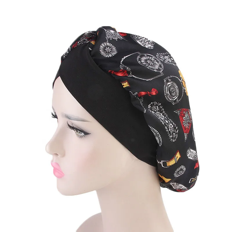 

Women Silk-print Turban Hat Long Hair Hat Night Sleep Cap Lady Hair Care Bonnet Headwrap Muslim Hijab Hat Indian Hat wholesale