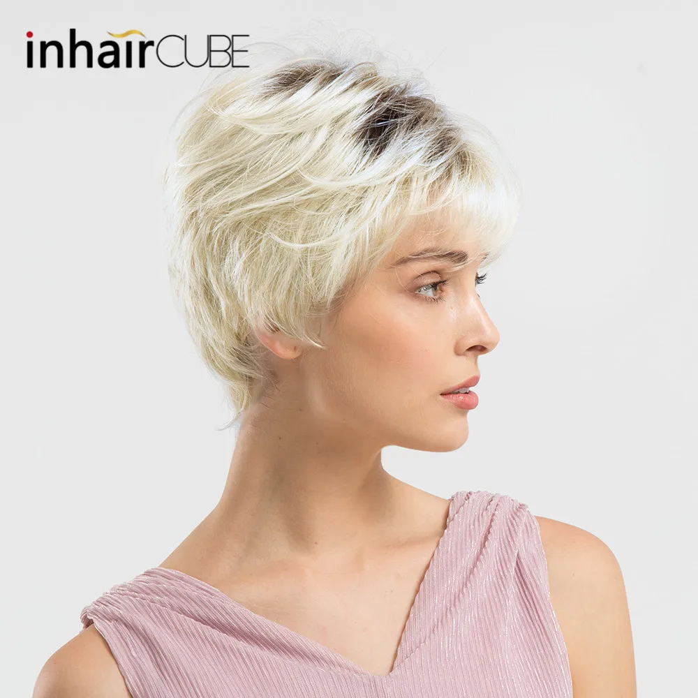 INHAIR cube 6 дюймов Синтетические волосы смесь естественная волна короткие парики для женщин пушистый Ombre блонд бесплатно парик крышка
