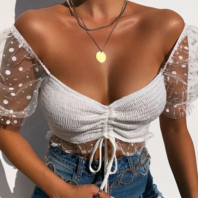 

2021 New Women Puff Sleeve Shirts Lace-up Bandage Summer Square Neck Polka Dot Print Mesh Sleeve Shirt Bare Navel Blouses
