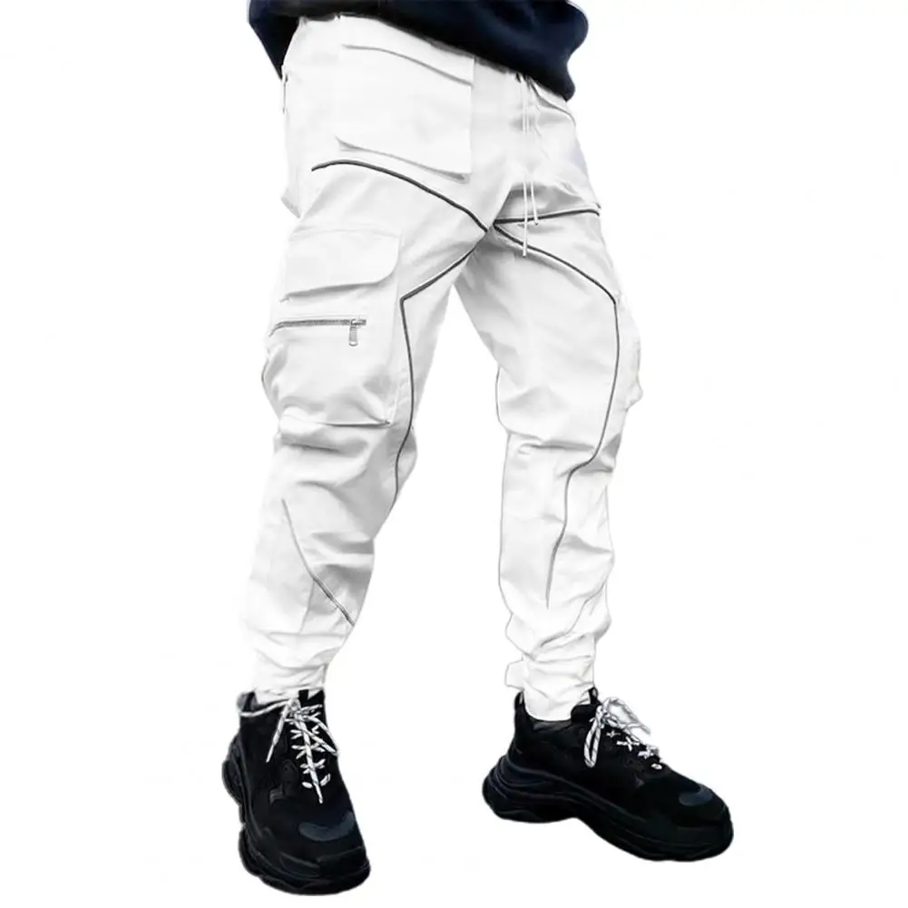 

Harajuku Zipper Reflective Strip Pants Men's clothes Loose Trendy Hip Hop Cargo Pants Multi-pocket Drawstring Overalls