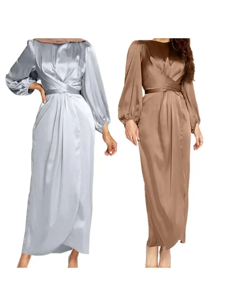 

Women Arab Muslim Satin Puff Long Sleeve Maxi Dress Solid Cross Wrap Front Self-Tie Waist Abaya Dubai Turkey Hijab Robe Kaftan