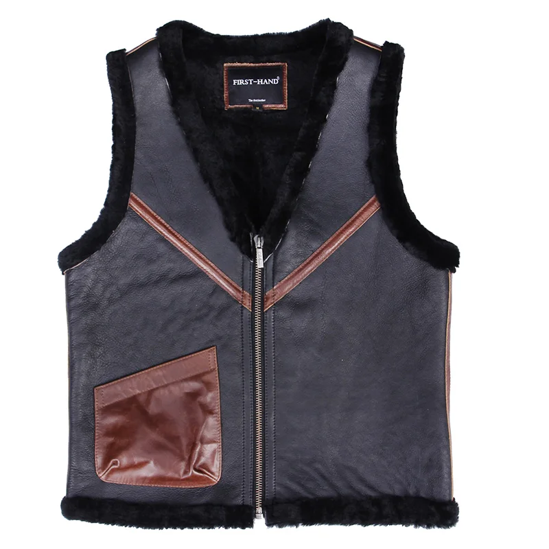 Мужской зимний жилет из натуральной овчины толстый теплый кожи винтажная черная
