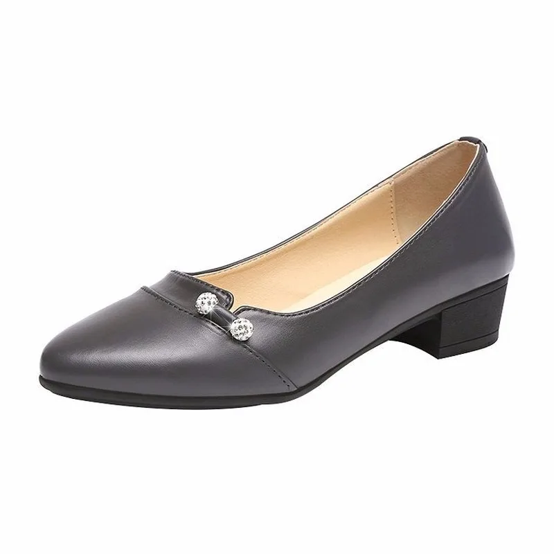 

Solid Leather Rhinestone Women Shoes Woman Pumps 2020 Autumn Spring New Pointed Toe Shallow Thick Low Heels Mother Casual Shoes