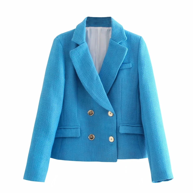 

Women Blazer Jacket Female Loose Notched Collar Double Breasted Pocket Chic Fa Casual Vintage Solid Blue Office Ladyshion Top