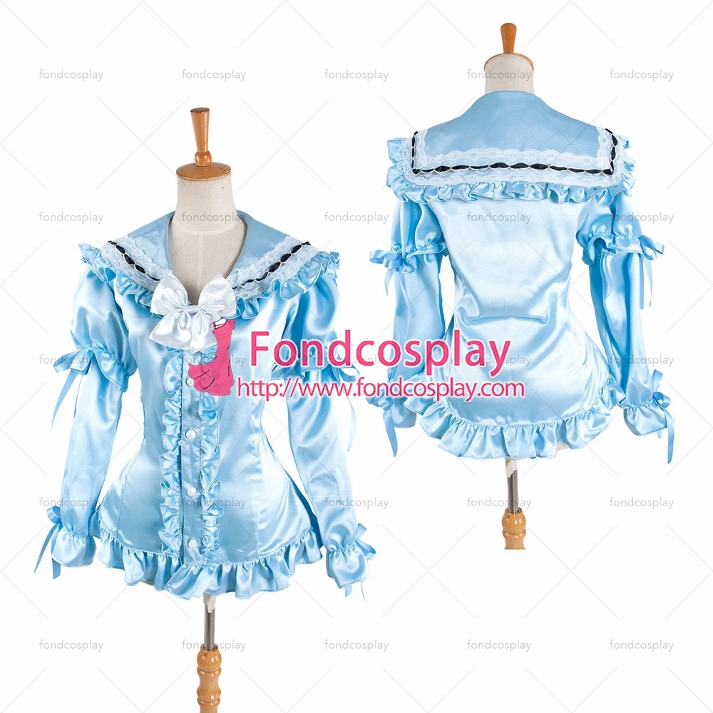

fondcosplay adult sexy cross dressing sissy maid short Gothic Lolita baby blue Satin Shirt blouse Tailor-made[G1404]