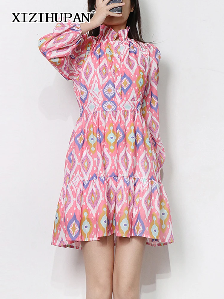 

Платье XIZIHUPAN женское с воротником-стойкой, элегантное мини-платье с длинным рукавом и высокой талией, с цветными вставками и складками, осен...