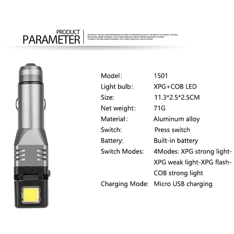 2020New car rechargeable LED flashlight powerful tail safety hammer head with magnet portable lighting torch USB emergency light | Освещение