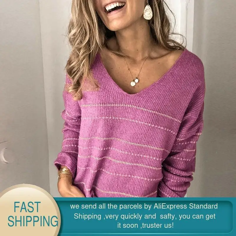 Зимний женский свитер в полоску с V-образным вырезом Женская туника длинным