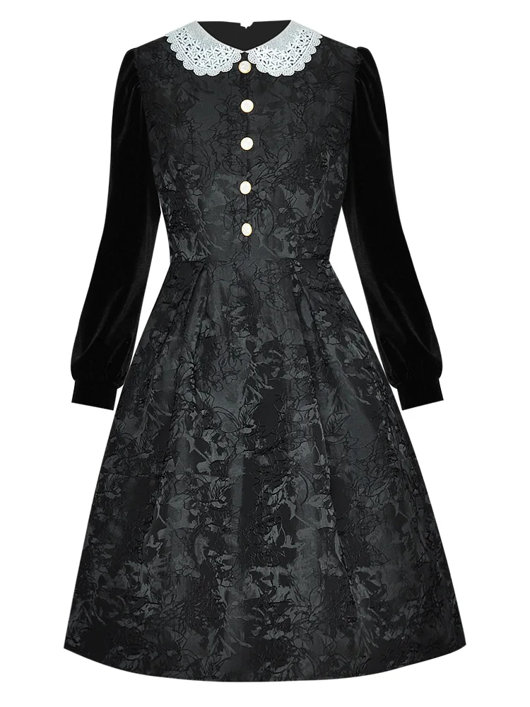

Fashion 2021FW Autumn Women Black Long Sleeve Jacquard Slim Luxury Dresses Ydy