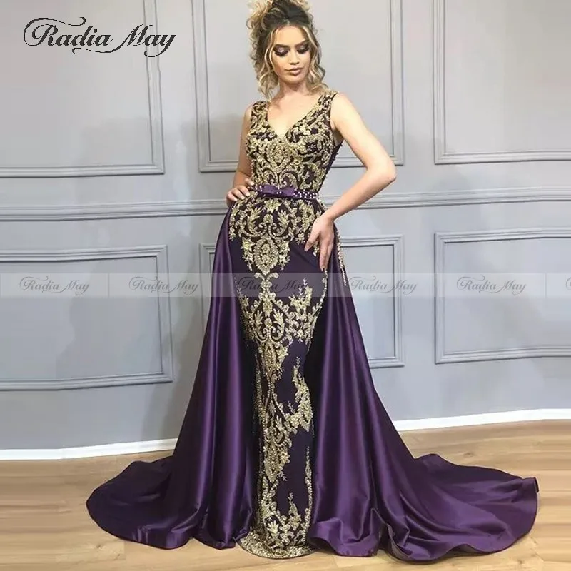 Арабское Фиолетовое Атласное Вечернее платье с юбкой годе Золотая кружевная