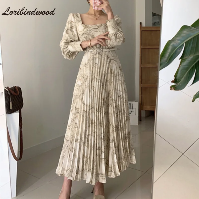 

Loribindwood New 2021 Women Summer Autunm Dresses High Waist Printed Floral Vintage Pleated With Belt Korean Long Dress