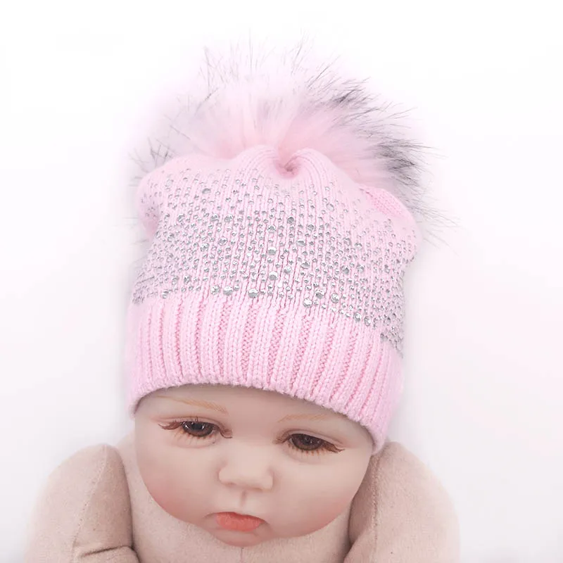 Хлопковые вязаные шапки и для новорожденных девочек стразы детей с помпоном из
