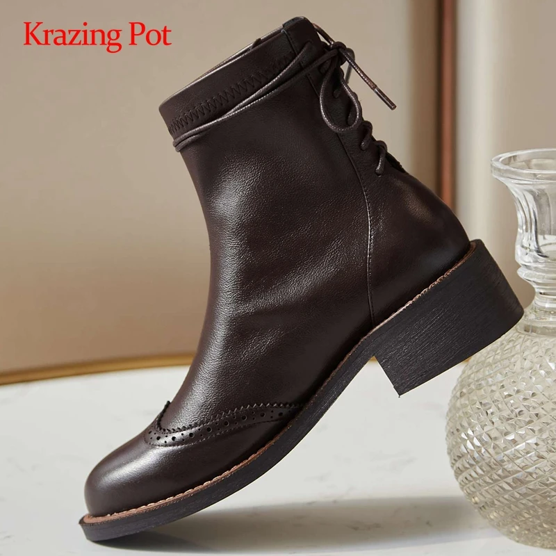 

Женские ботильоны из натуральной кожи на толстом среднем каблуке, с круглым носком