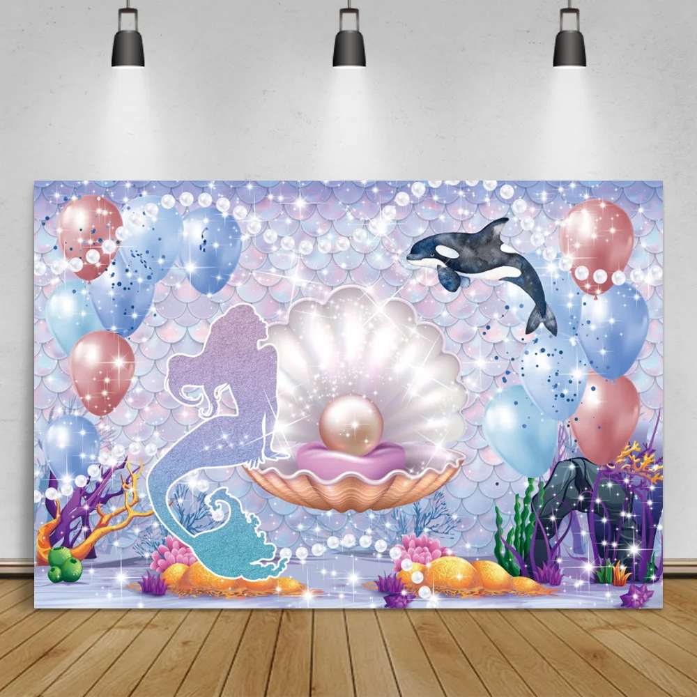 

Laeacco Fish Scales Shell Pearl Mermiad Balloon Background Baby Shower Birthday Party Child Portrait Personalized Photo Backdrop