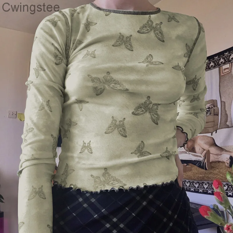 

Женские футболки с мультяшными бабочками, уличная одежда, повседневные винтажные Топы с длинным рукавом, футболка haraсудku, Осенние укорочен...