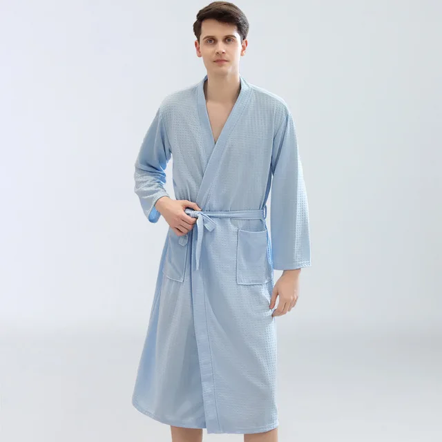 men blue Вафельное кимоно для влюбленных, хлопковый Халат для женщин и мужчин, длиной до колена, полотенце, отсасывающее пот, Летний Тонкий купальный халат, Femme, халат для подружки невесты - Цвет: men blue