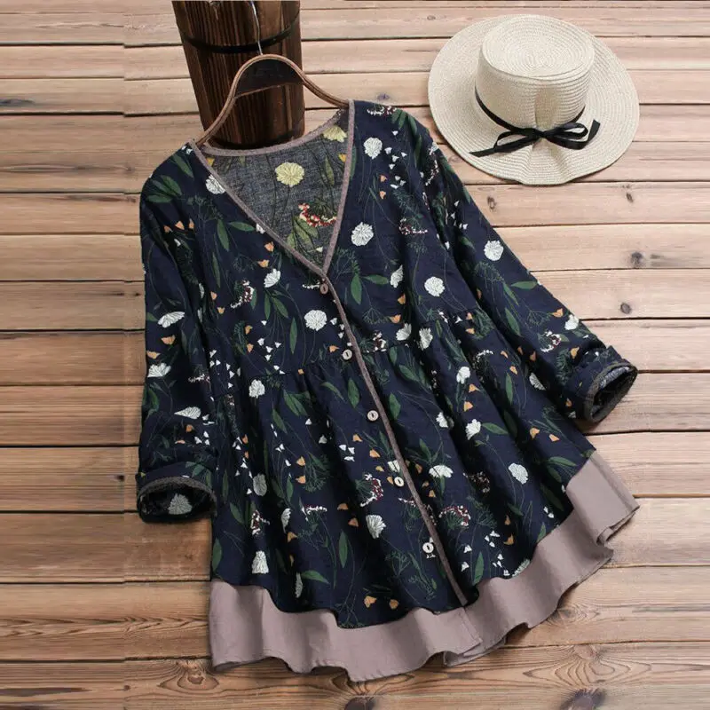 

Women Autumn Vintage Prined Floral Blouse Long Sleeve V-neck Ladies' Casual Top