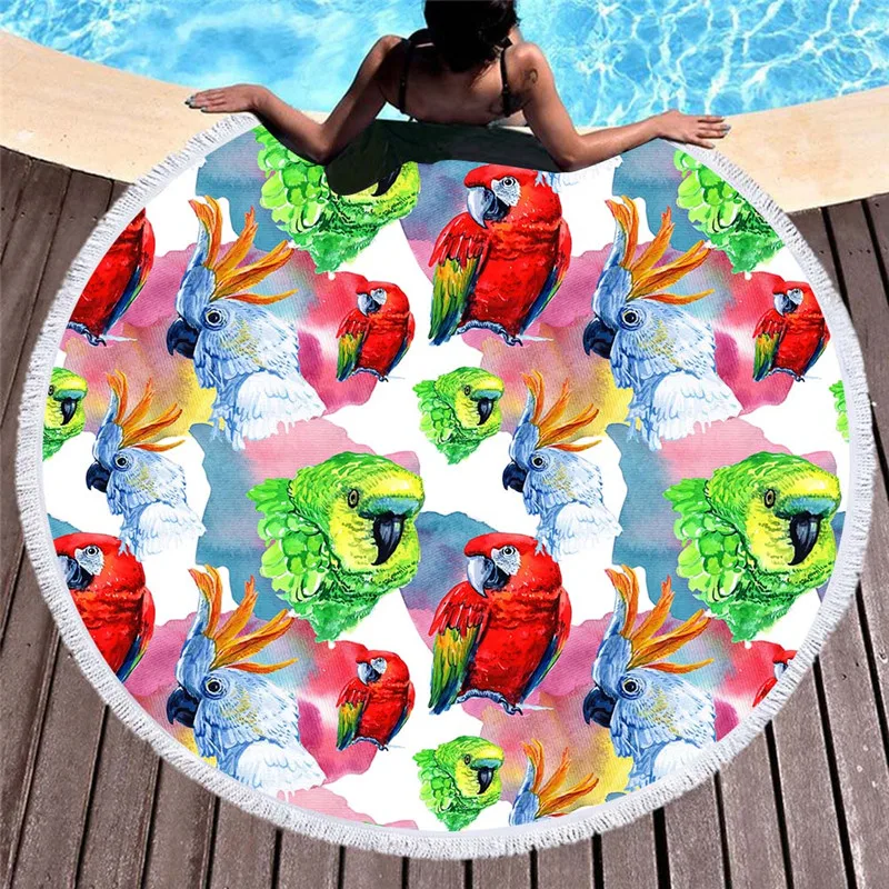 

Hand-painted bird large round beach towel adult tassels summer bath towel printed microfiber 150cm yoga mat