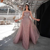 pink elegant high quality wedding dress spaghetti strap applique crystals tulle ruffle floor length with train prom dress