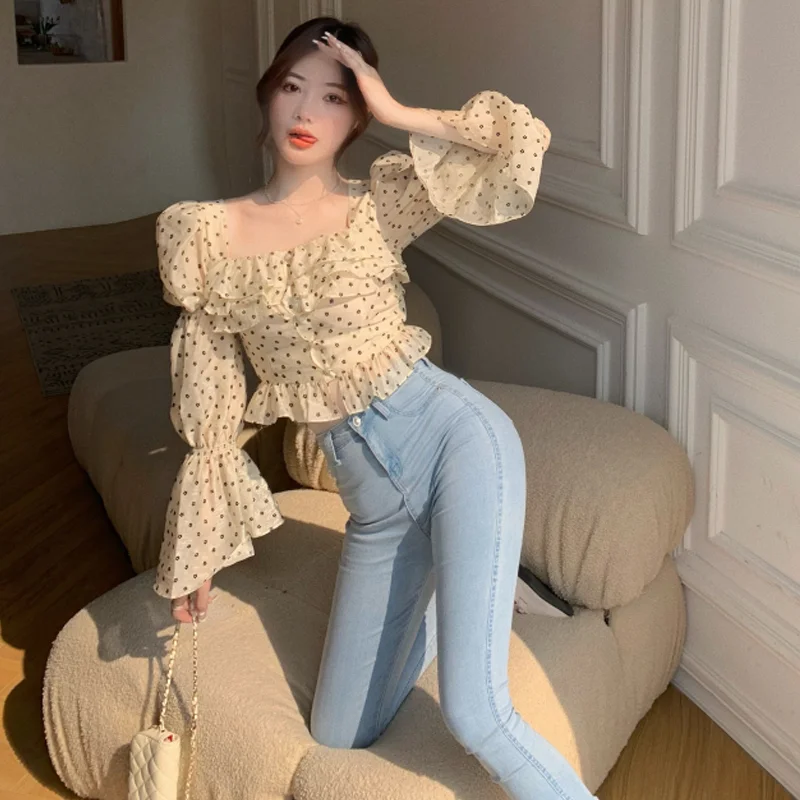 

Autumn Chiffon Shirt Women New 2021 Temperament Square Collar Thin Vintage Floral All-match Crop Top Chic Slim Womens Blouses