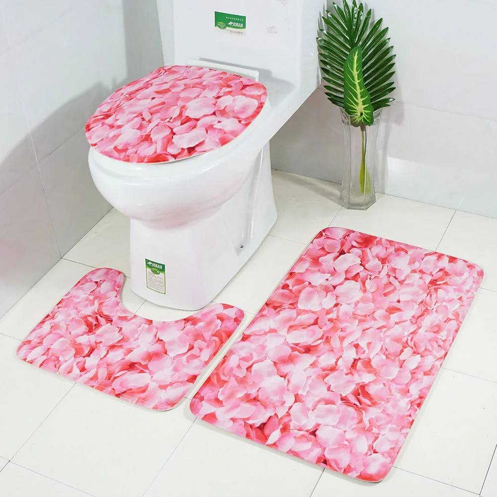 

3 Pieces Bath Rug Set Rose Petals Toilet Floor Contour Mat Toilet Lid Top Covers Non-Slip Bathroom Floor Mat