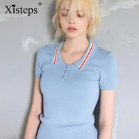 xisteps ice silk slim turn down neck knitted polo shirt for women vintage blue 2021 new summer elegant short sleeve female tops