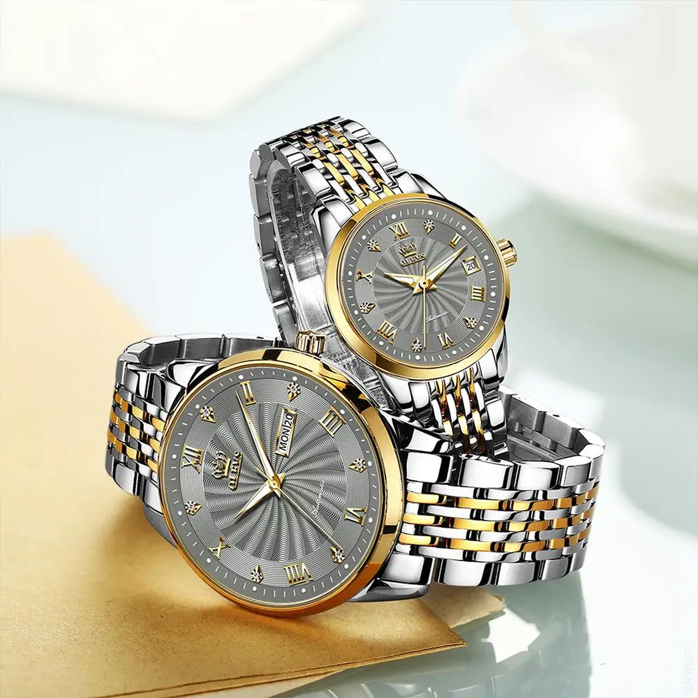 OELVS Couple Watch Luxury Automatic Mechanical Stainless Steel Waterproof Luminous Hands Clock relogio masculino Lovers Gift