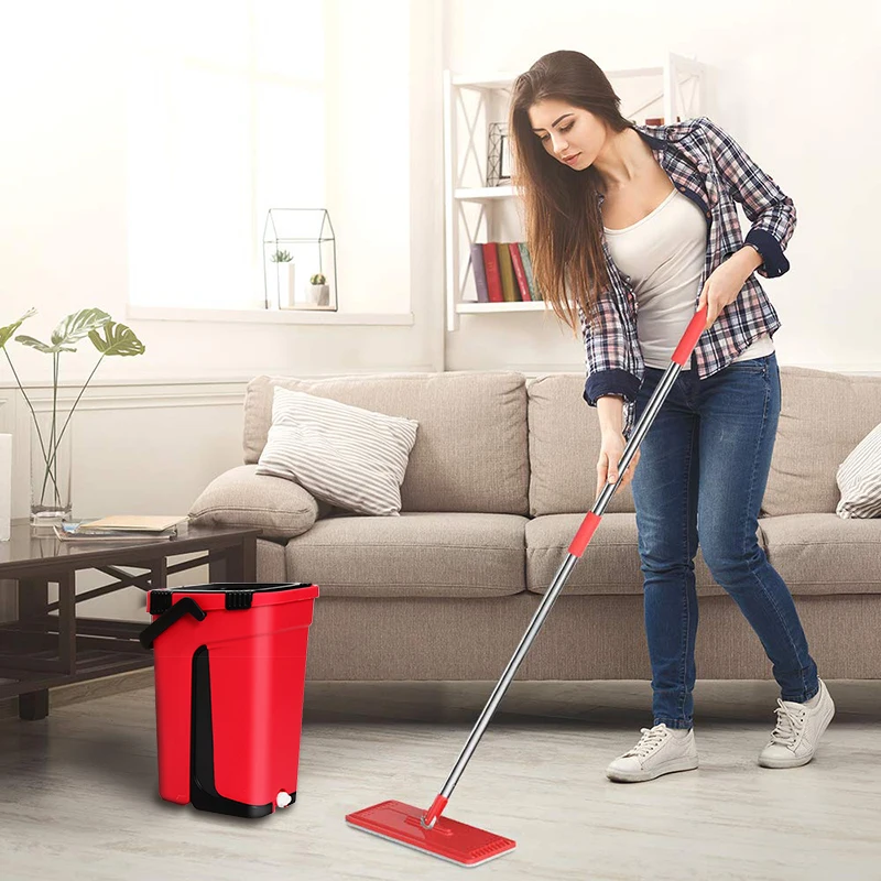 

Flat Squeeze Mop Bucket Hand Free Wringing Stainless Steel Mop Self Wet And Cleaning System Dry Cleaning Microfiber Floor Mop