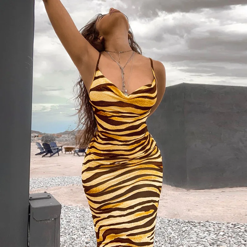 

Women Striped Spaghetti Strap Dress Sexy Tiger Printed Maxi Dress V Neck Backless Autumn New Basic Vestidos
