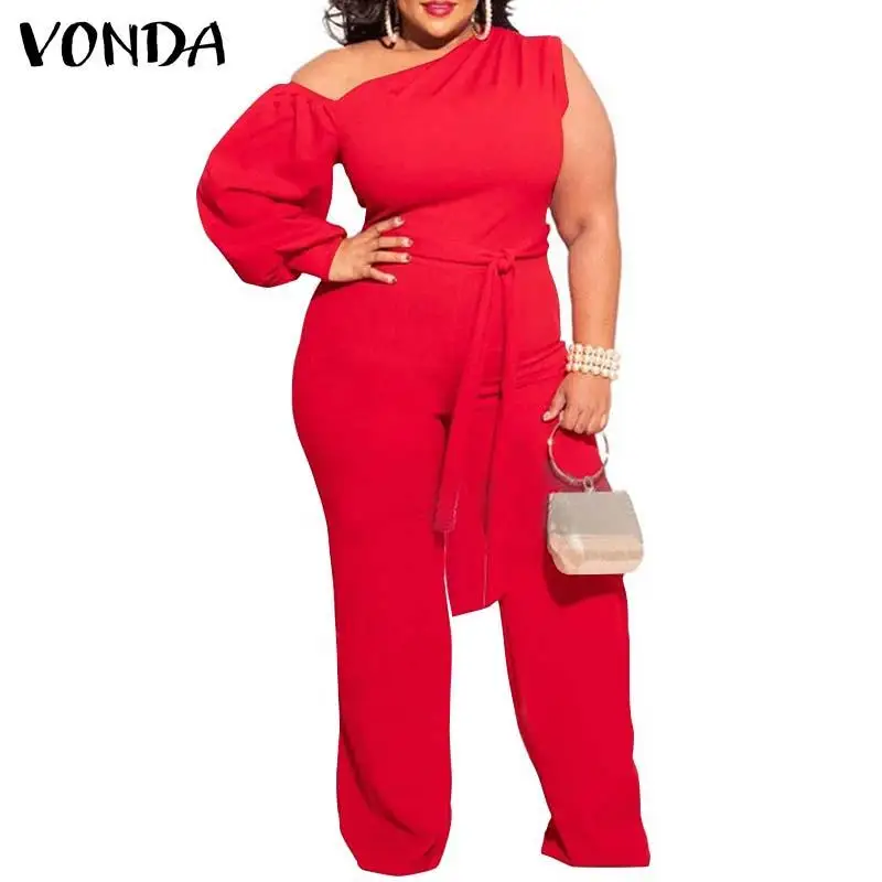 

Women Long Jumpsuits VONDA 2021 Fashion One Shoulder Long Sleeve Office Overalls Femme Bohemian Pantalones Wide Leg Pants