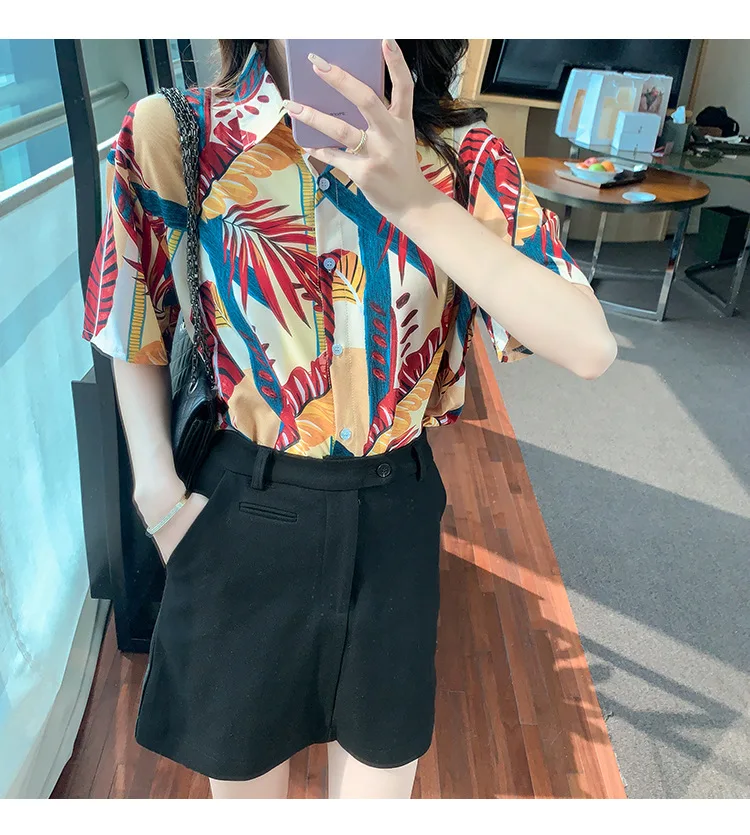

Houthion Chiffon Slim Women's Blouses Fashion Short Sleeve Top New Casual Blouse Floral Buttons Polo Shirt Summer