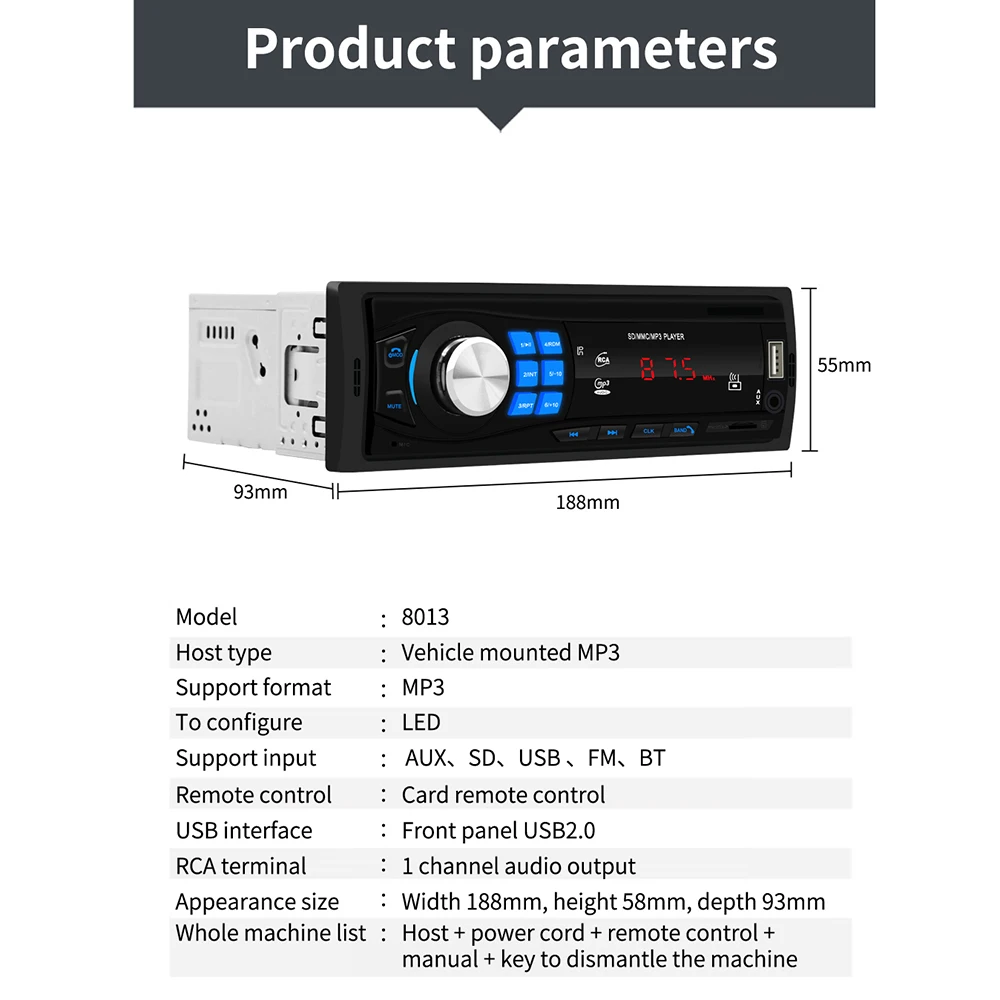 1 DIN автомобильный стерео MP3 плеер один в головном устройстве Bluetooth USB AUX радио