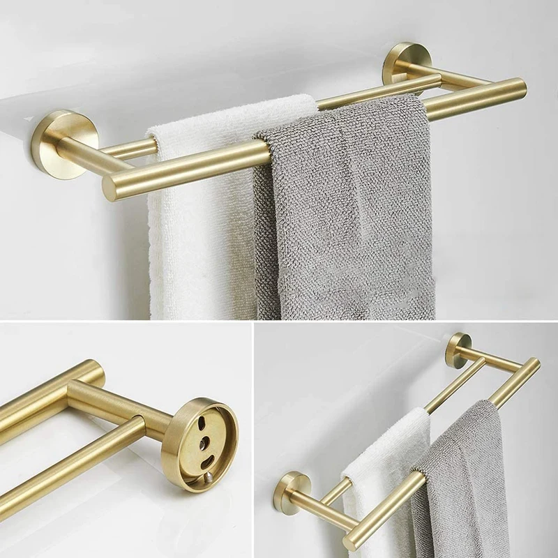 

Wall Mounted 4 Piece Bathroom Accessories Set (Double Towel Bar, Toilet Paper Holder,Towel Hooks,Single Towel Bar), Gold