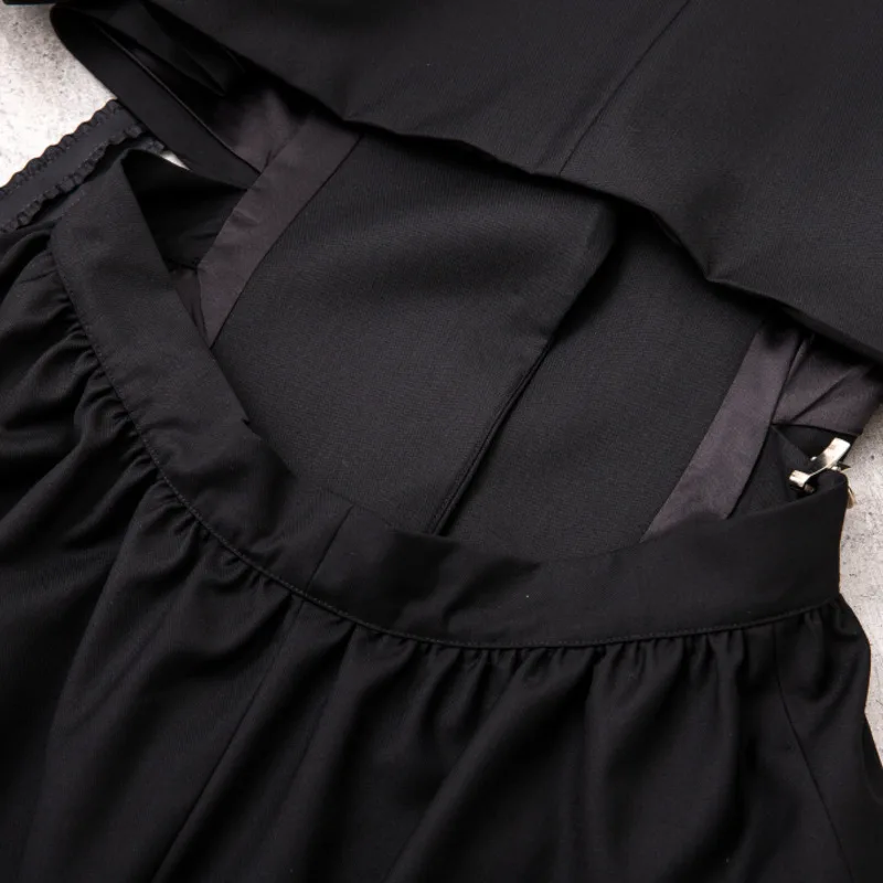 

DEAT Women Black Patchwork Hollow Out Chain A-line Lacing Dress New Notched Long Sleeve Loose Fashion Tide Summer 2021 7E1047