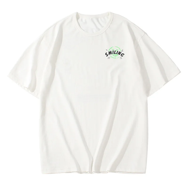 

2021 New Tshirt Mens Cotton Smiling Face Letter Print Short-Sleeve Loose Fashion Tees Lover Summer Male Clothes Tops Streetwear